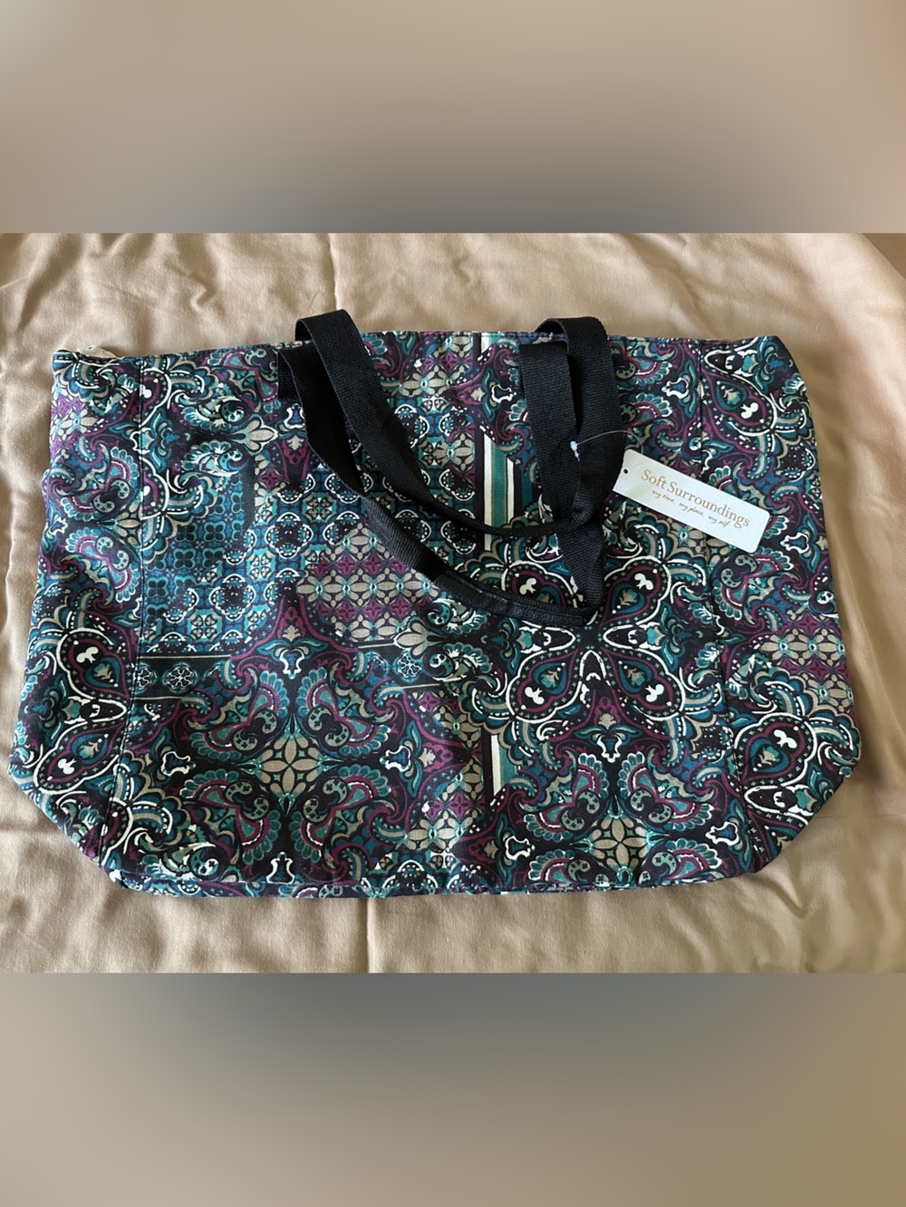 Soft Surroundings Teal & Purple Printed Canvas Tote Bag NWT